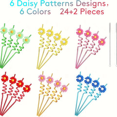 24pcs Daisy Flower Drinking Straws with Cleaning Brush for Summer Birthday Party