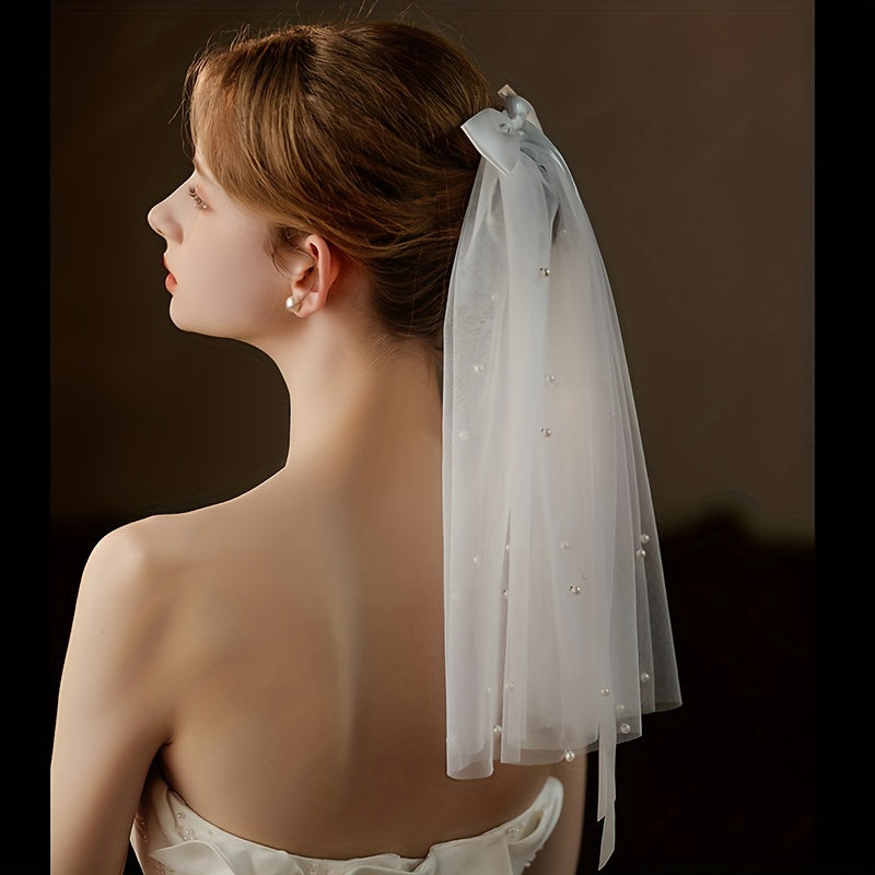 Vintage Mesh Head Veil with Comb Faux Pearl Bridal Wedding Hair Accessory