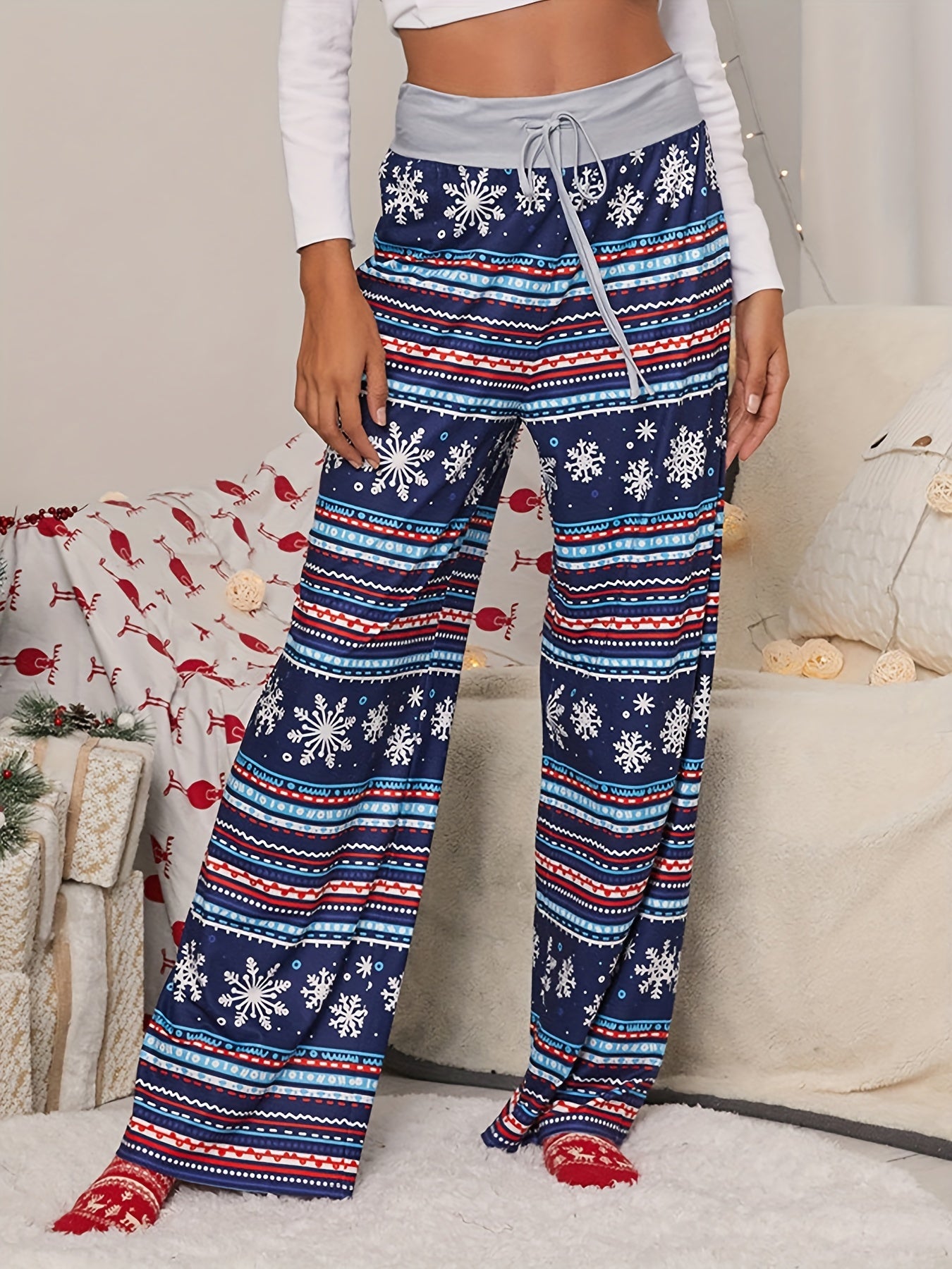 Christmas Print Wide Leg Pants Casual Drawstring Pants