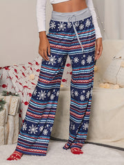 Christmas Print Wide Leg Pants Casual Drawstring Pants