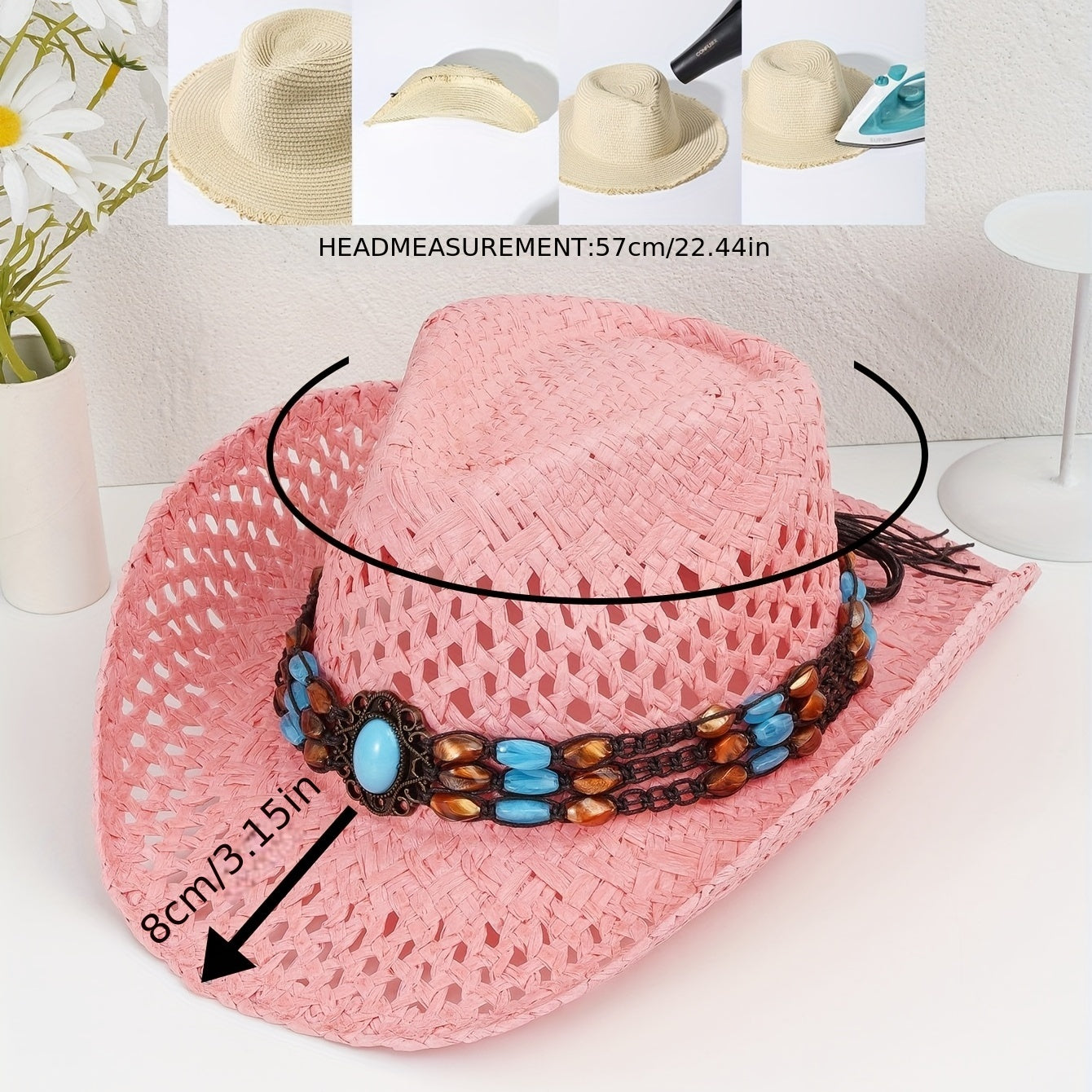 Turquoise Chain Cowboy Hat Wide Brim Travel Beach Sun Hats for Women
