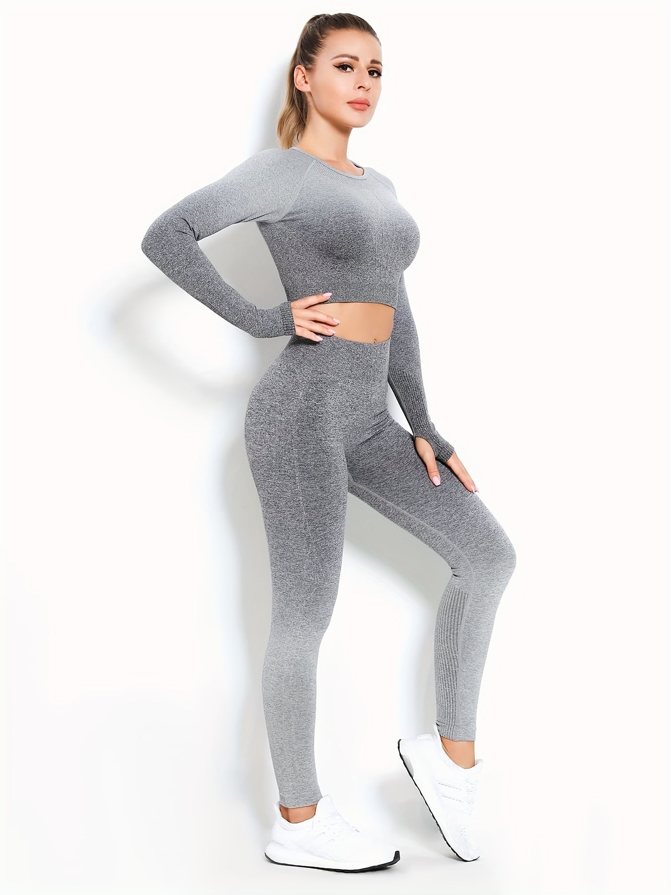 Ombre Hollow Out Long Sleeve Top & Leggings Set, Women's Activewear