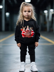 Reindeer & Christmas Cake Print Girls Hoodies Jogger Pants Set