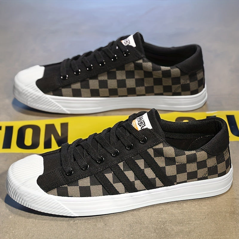 Men's Canvas Low Top Sneakers Lace up Checkered Walking Shoes