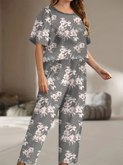 Floral Print Pajama Set Short Sleeve Tee & Pants 2 Piece