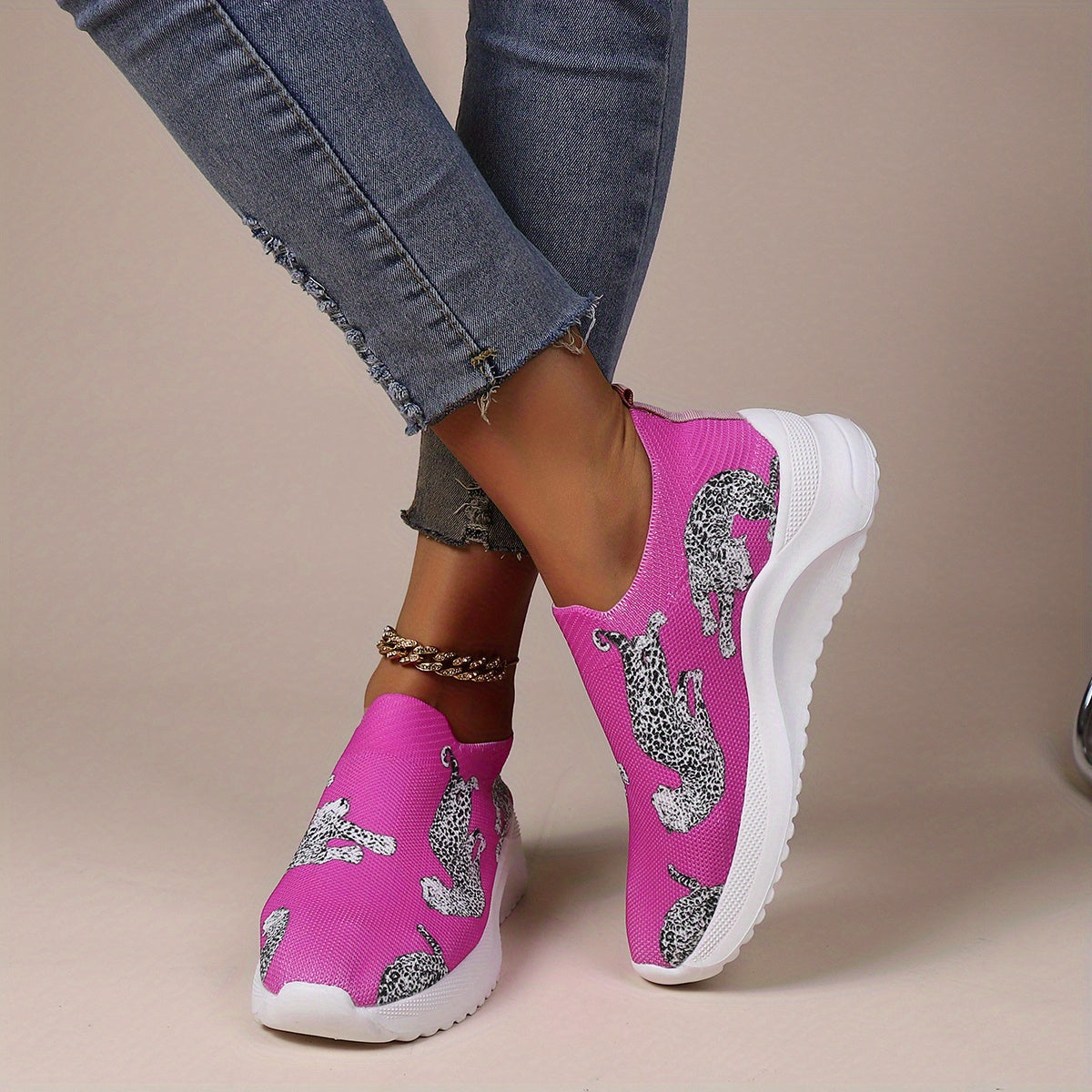 Leopard Print Slip On Low Top Sock Shoes