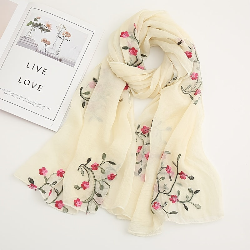 Chiffon Flower Embroidered Scarf Retro Beach Sunscreen Shawl