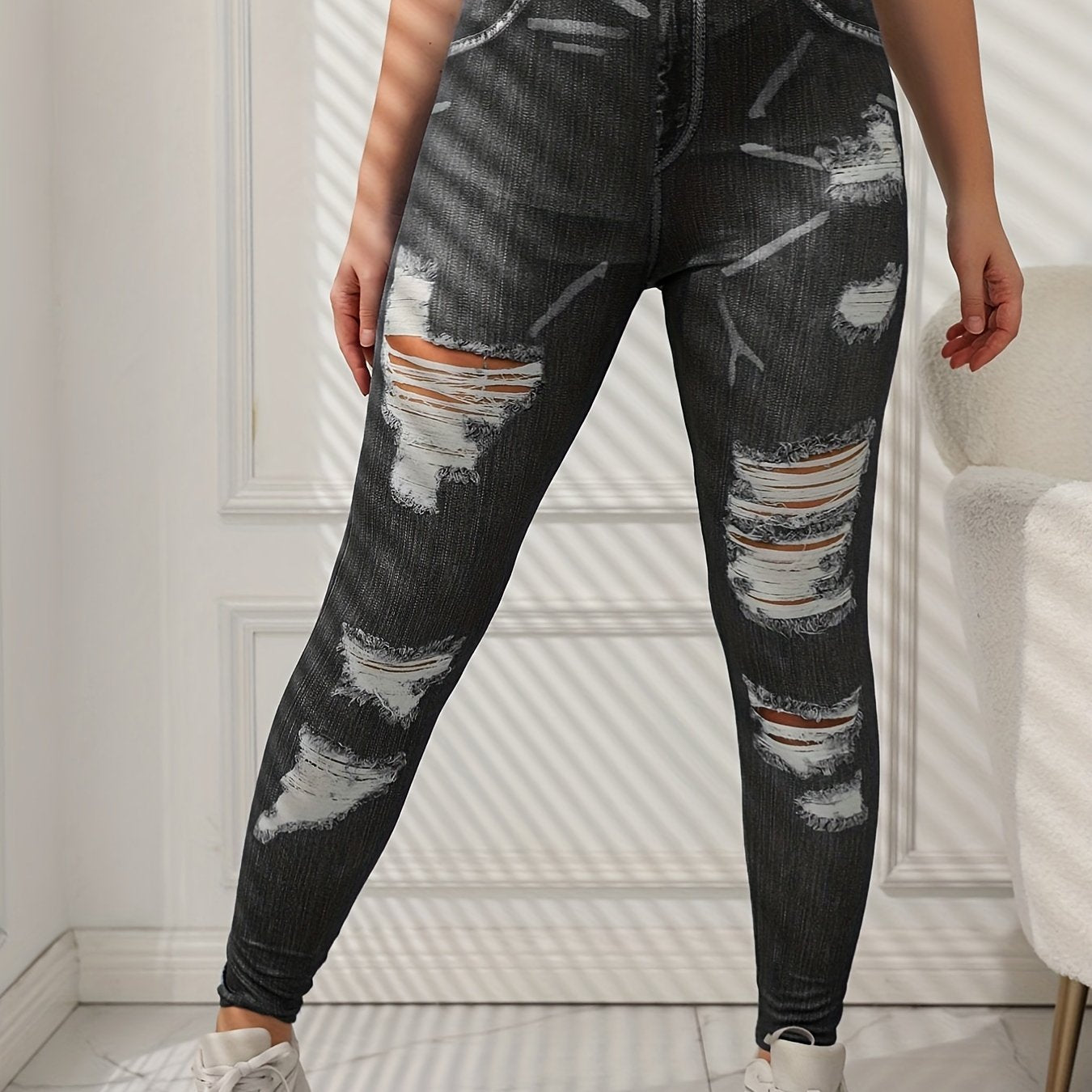 Denim Print Ripped Skinny Leggings Casual Stretchy Women's Clothing