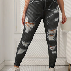 Denim Print Ripped Skinny Leggings Casual Stretchy Women's Clothing