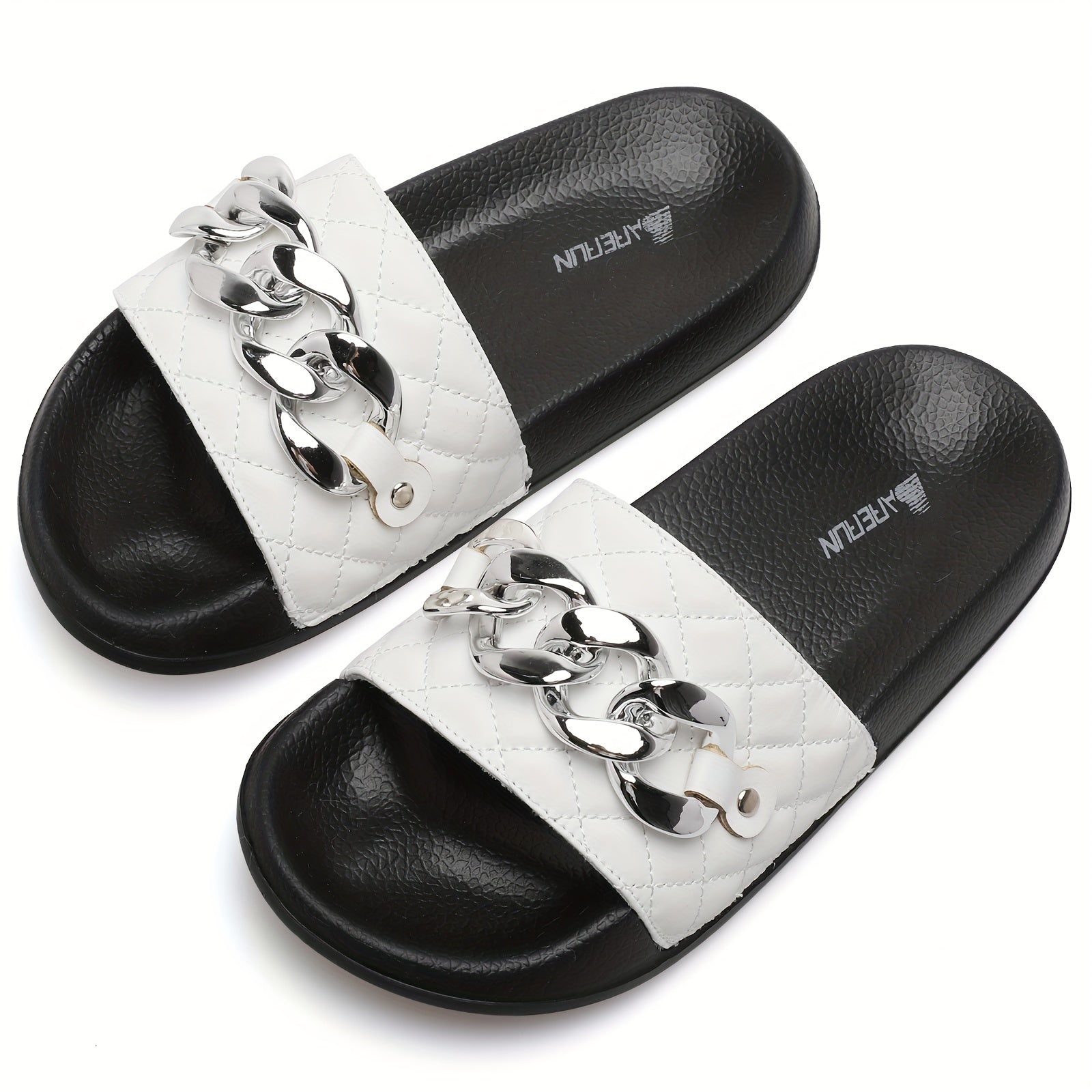 Women's Chain Decor Quilted Slide Shoes, Arch Support Sandals