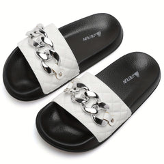 Women's Chain Decor Quilted Slide Shoes, Arch Support Sandals