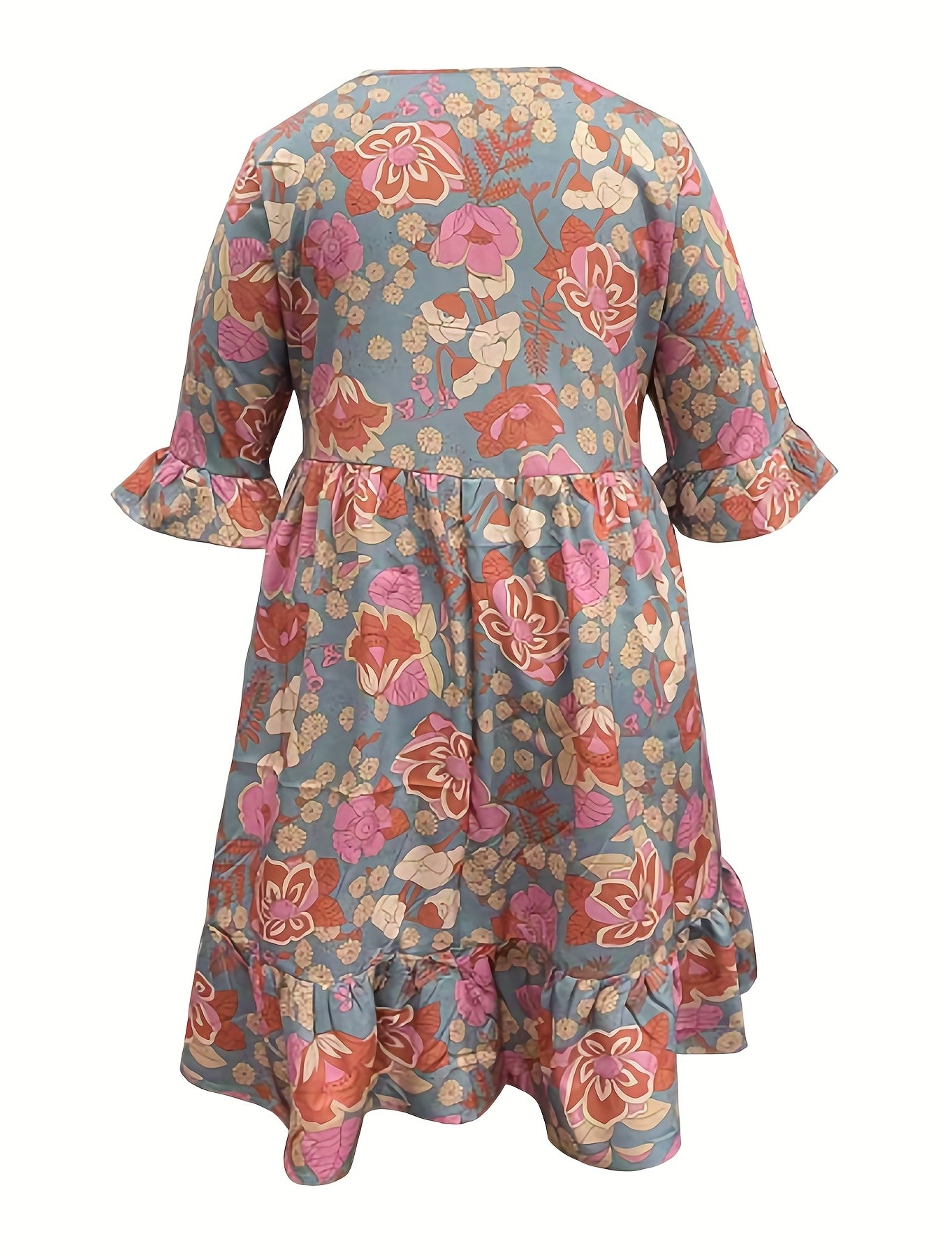 Floral Ruffle Trim V Neck Plus Size Boho Dress