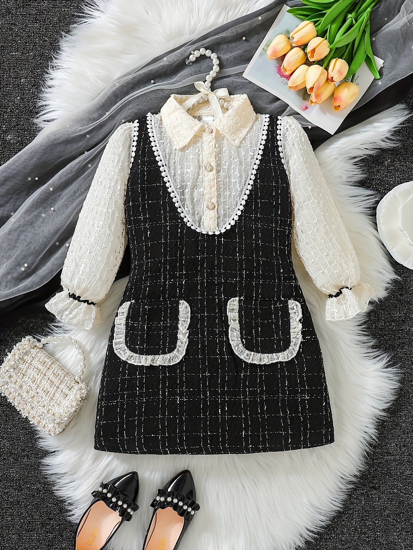 Girls' Tweed Knit Stitching Collared Long Sleeve Dress
