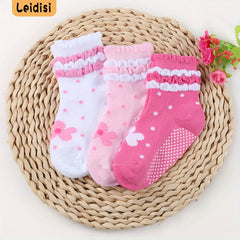 3 Pairs Girls Pink Flower Dot Lace Crew Socks Toddlers Non-Slip Floor Socks