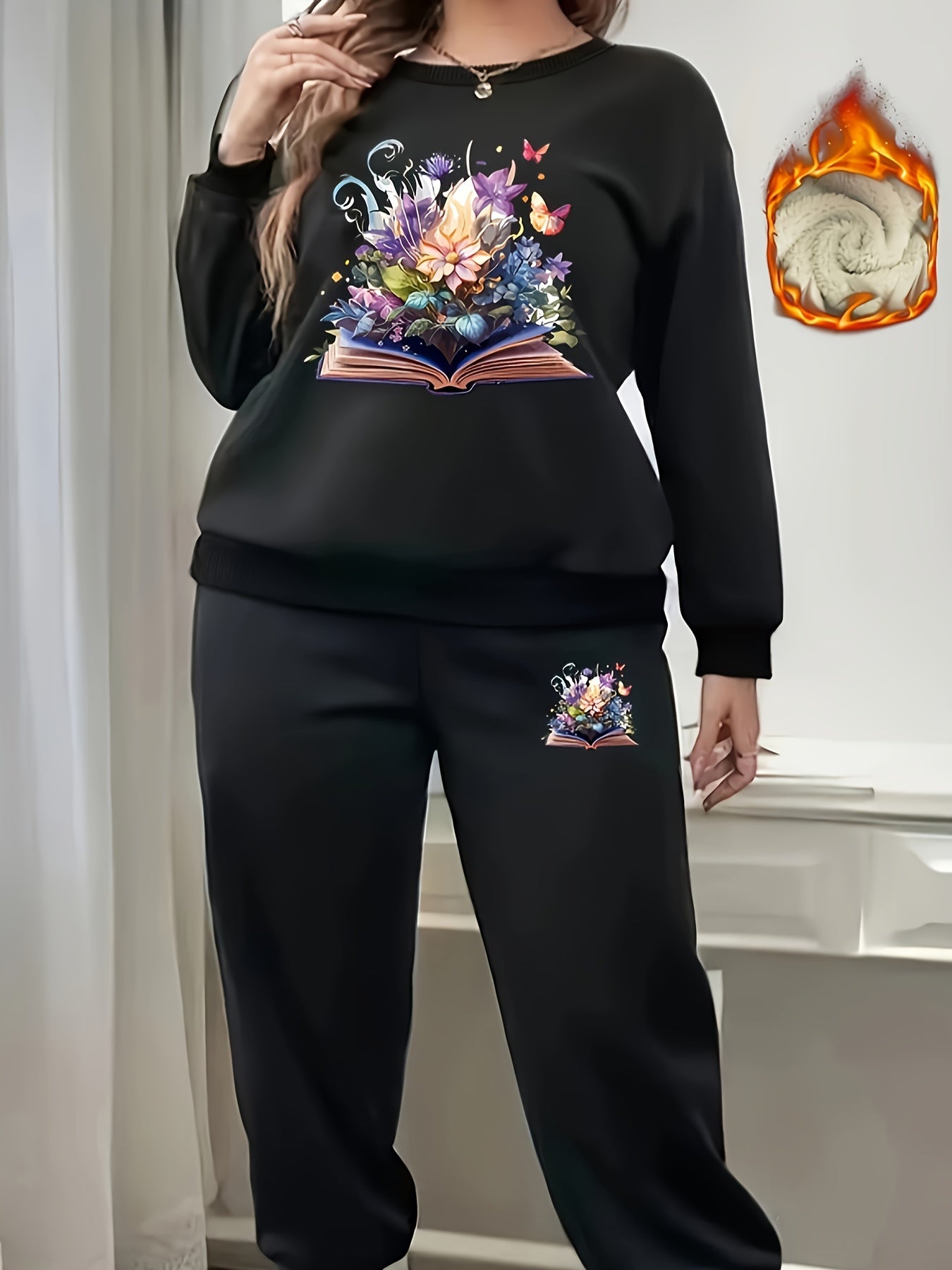 Women's Plus Floral Print Crew Neck Fleece Top & Joggers Set