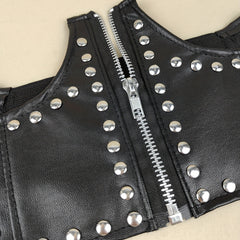 Punk PU Leather Zipper Belt Rivet Decor Underbust Corset Wide Waistband