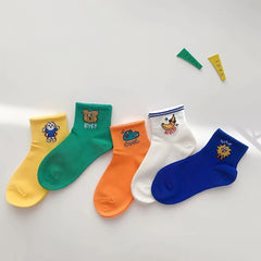 5 Pairs Boys Cartoon Print Socks, Spring/Summer Casual Wear