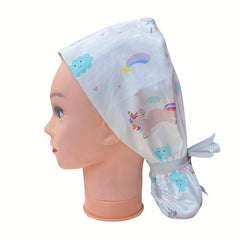 Adjustable Cotton Work Cap With Button Cartoon Print Long Hair Nurse Cap