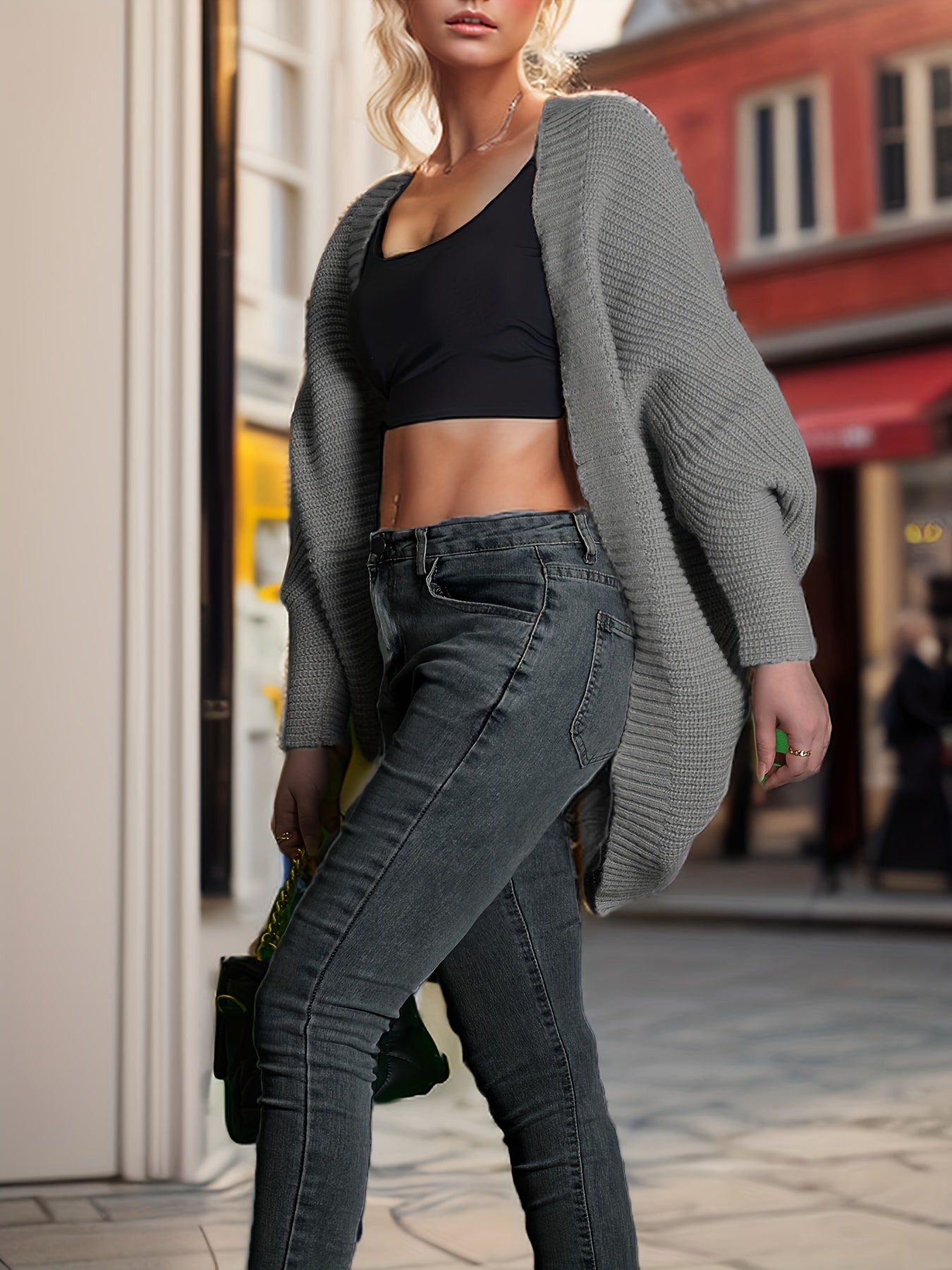 Batwing Long Sleeve Knit Cardigan Open Front Sweater