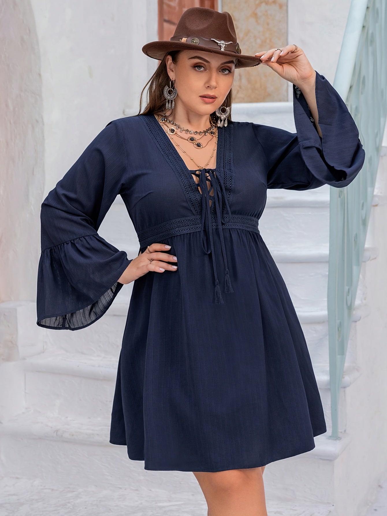 Bell Sleeve Lace Up Mini Dress