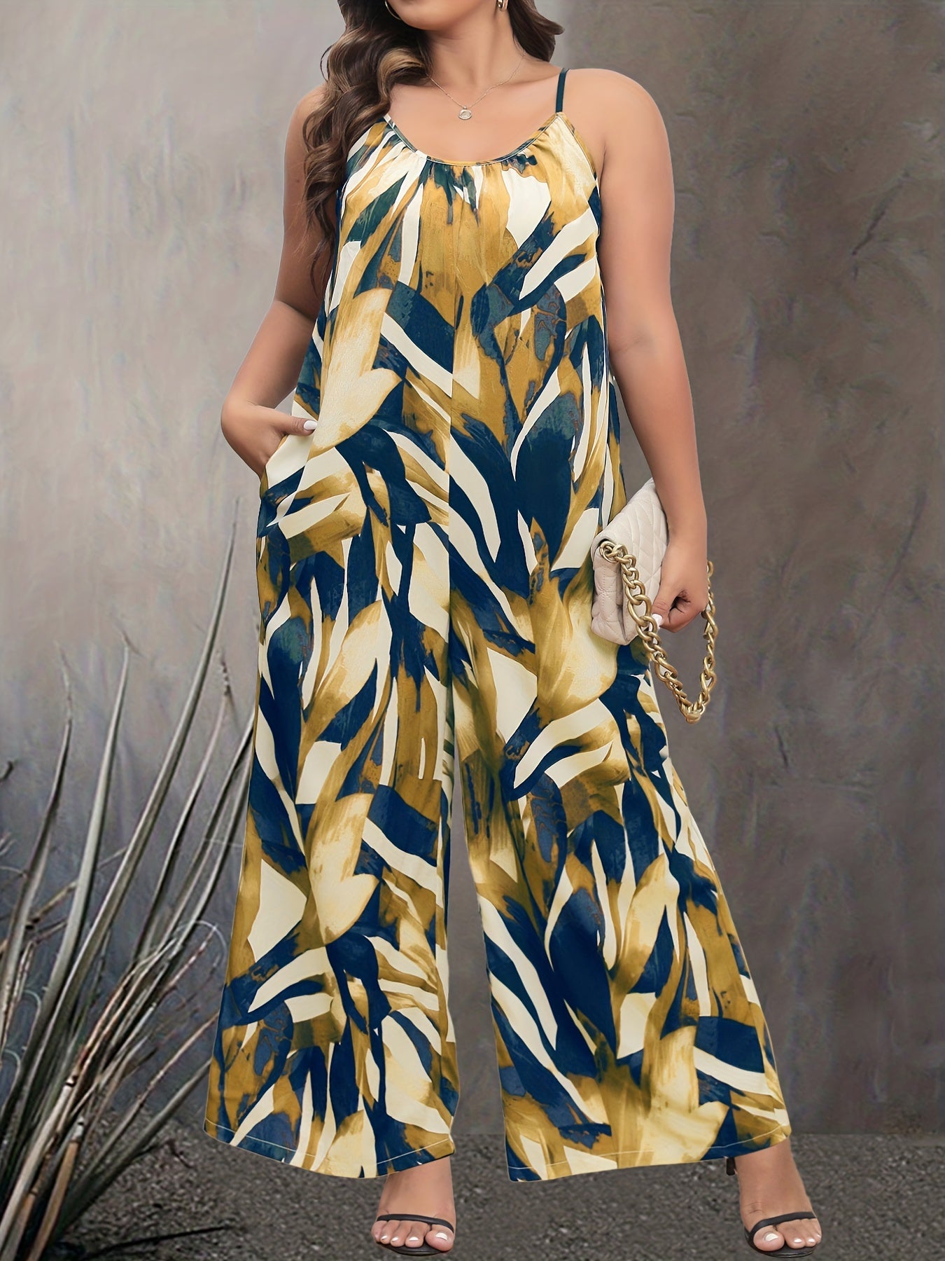 Casual Jumpsuit Women's Plus Random Print Round Neck Wide Leg Cami Jum