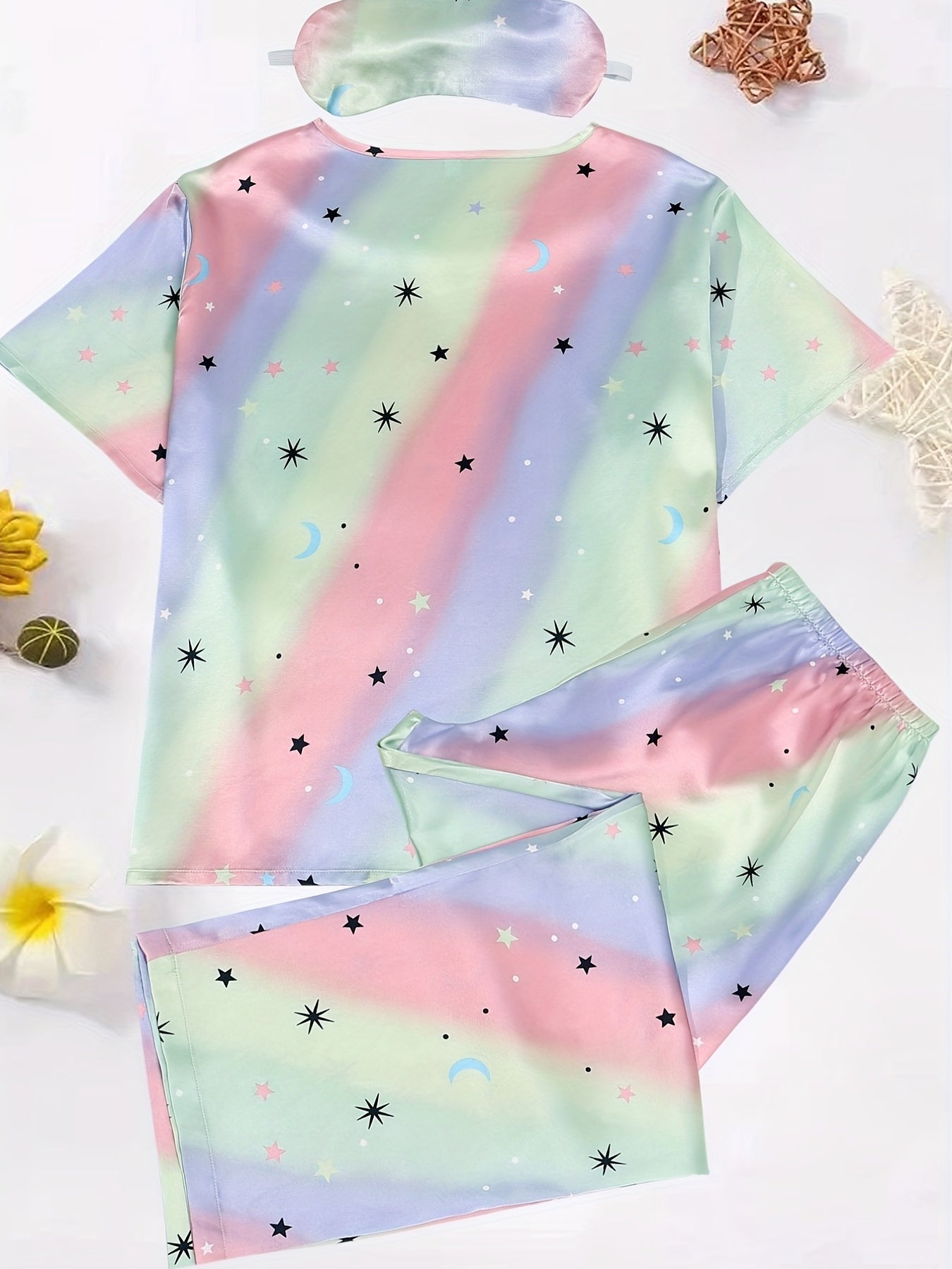 Ombre & Star Print Pajama Set - Tee & Pants Two Piece Set