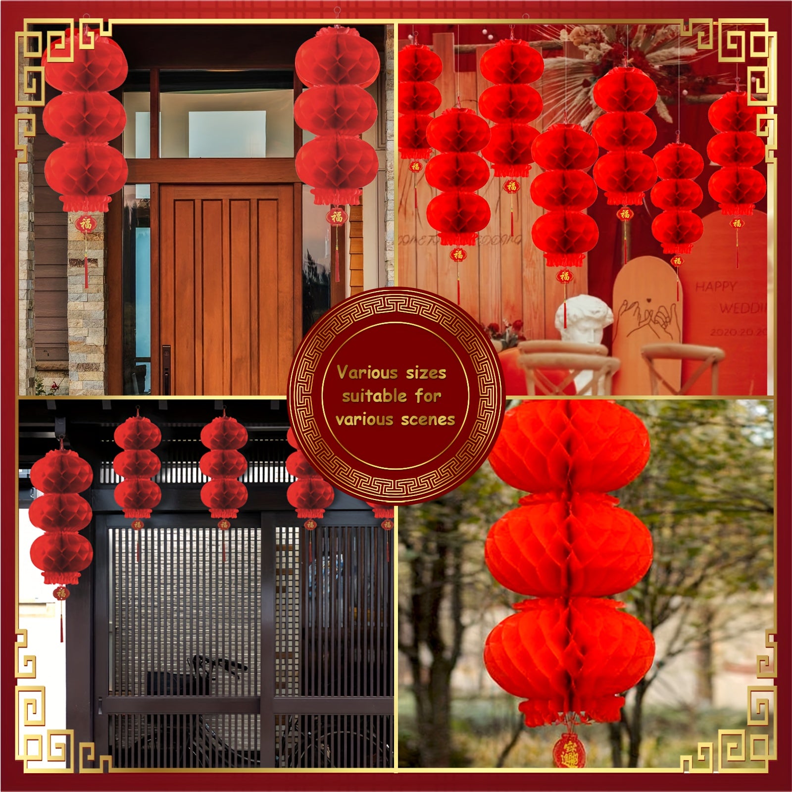 3 Red Paper Lanterns Connected Decorations