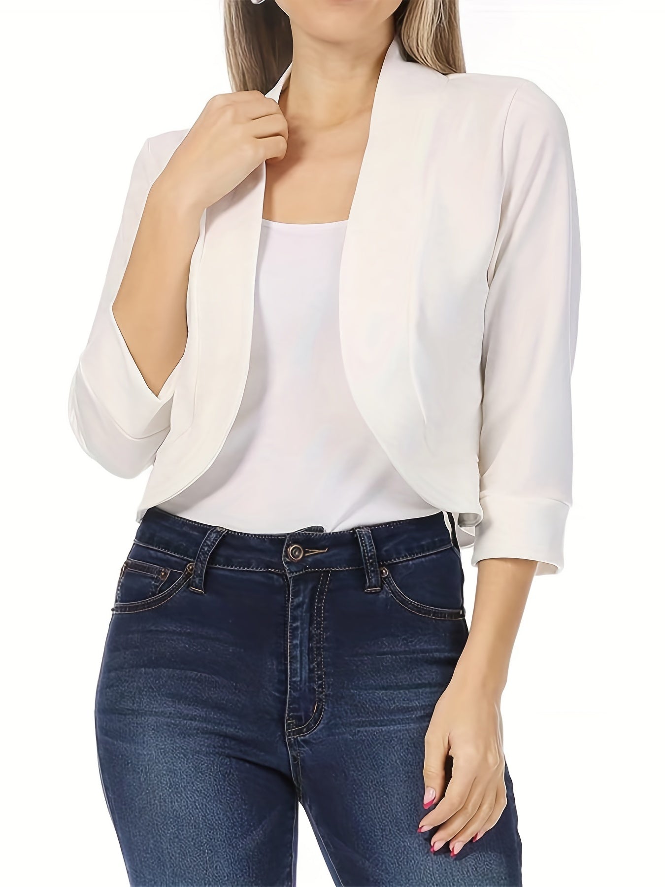 Solid Cropped Blazer Open Front 3/4 Sleeve Work Office Outerwear