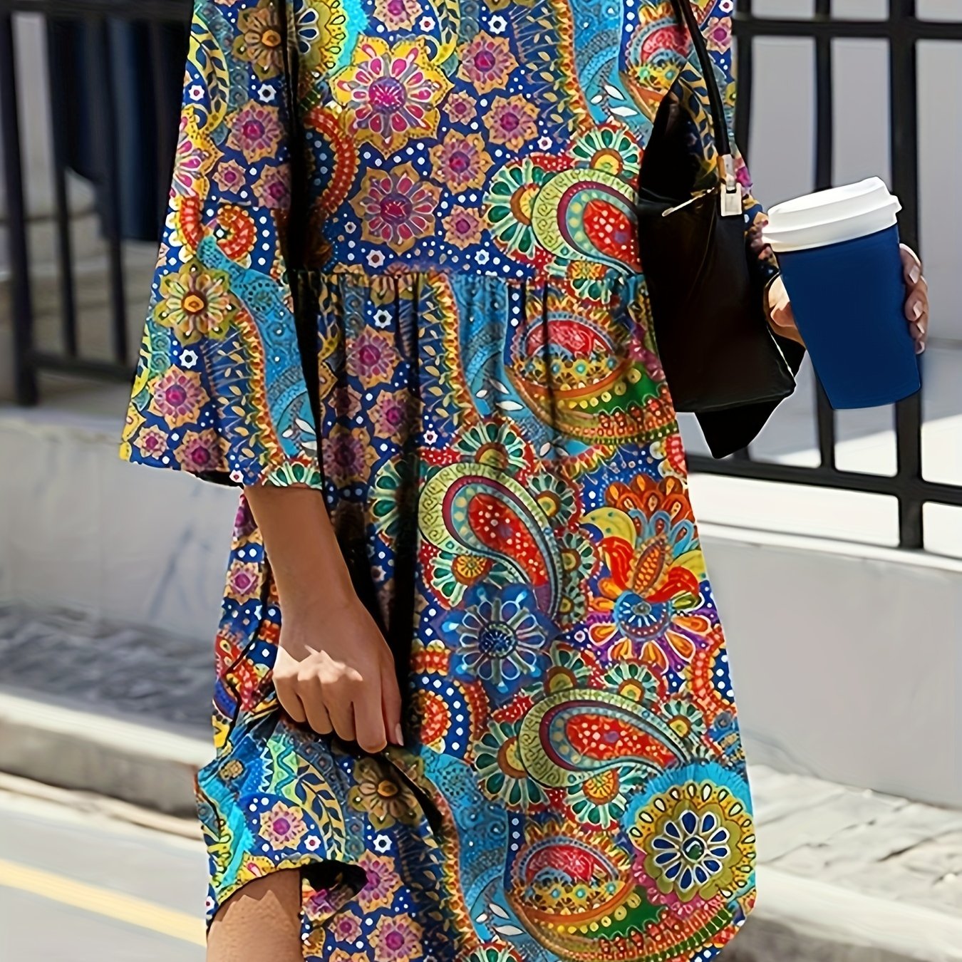 Boho Dress Women's Plus Paisley Print Three Quarter Sleeve