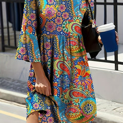 Boho Dress Women's Plus Paisley Print Three Quarter Sleeve