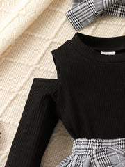 Baby Girls Preppy Style Outfit Long Sleeve Top Plaid Bow Skirt Set