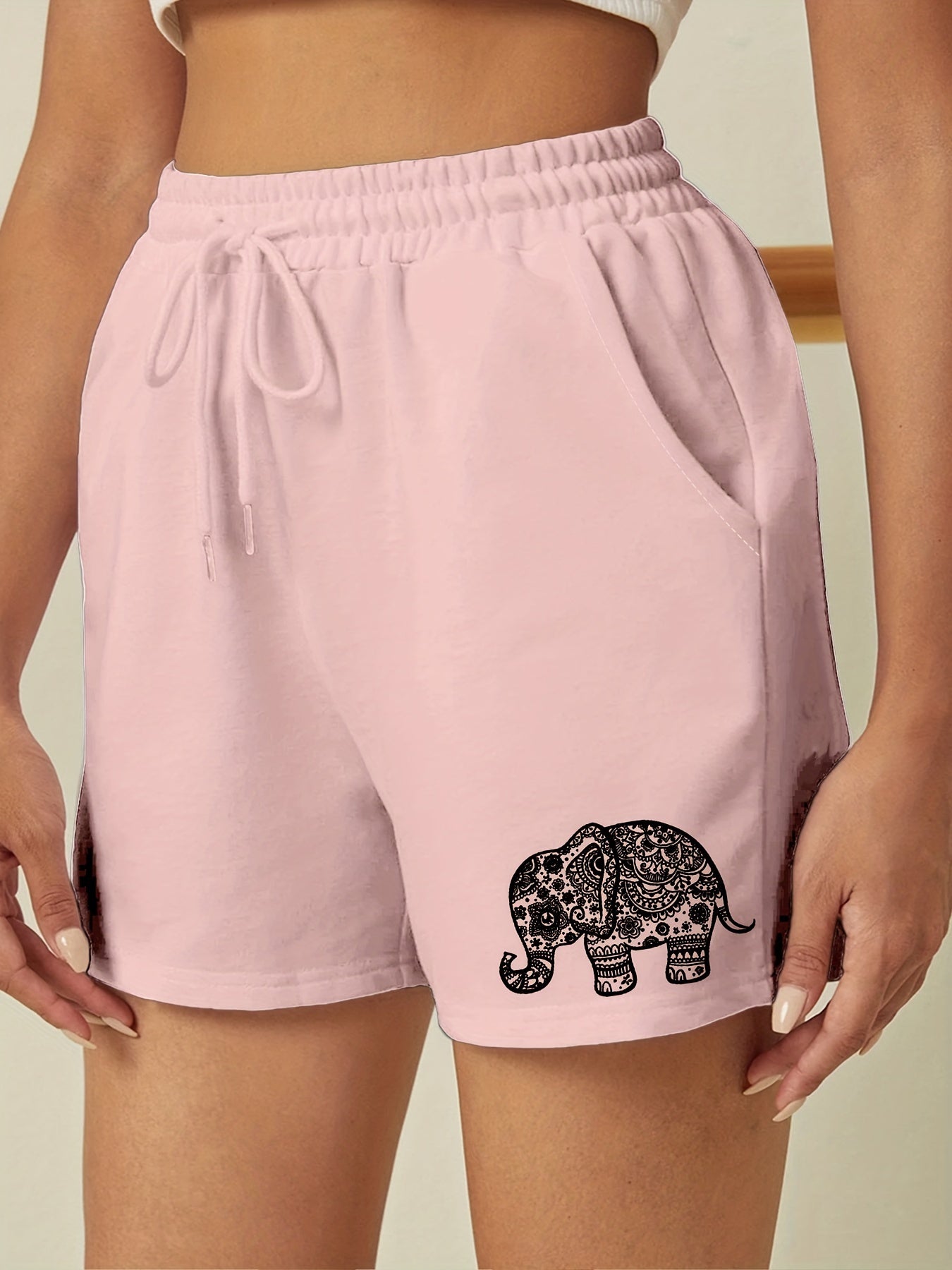 Elephant Print Drawstring Shorts Solid Sports Casual Shorts