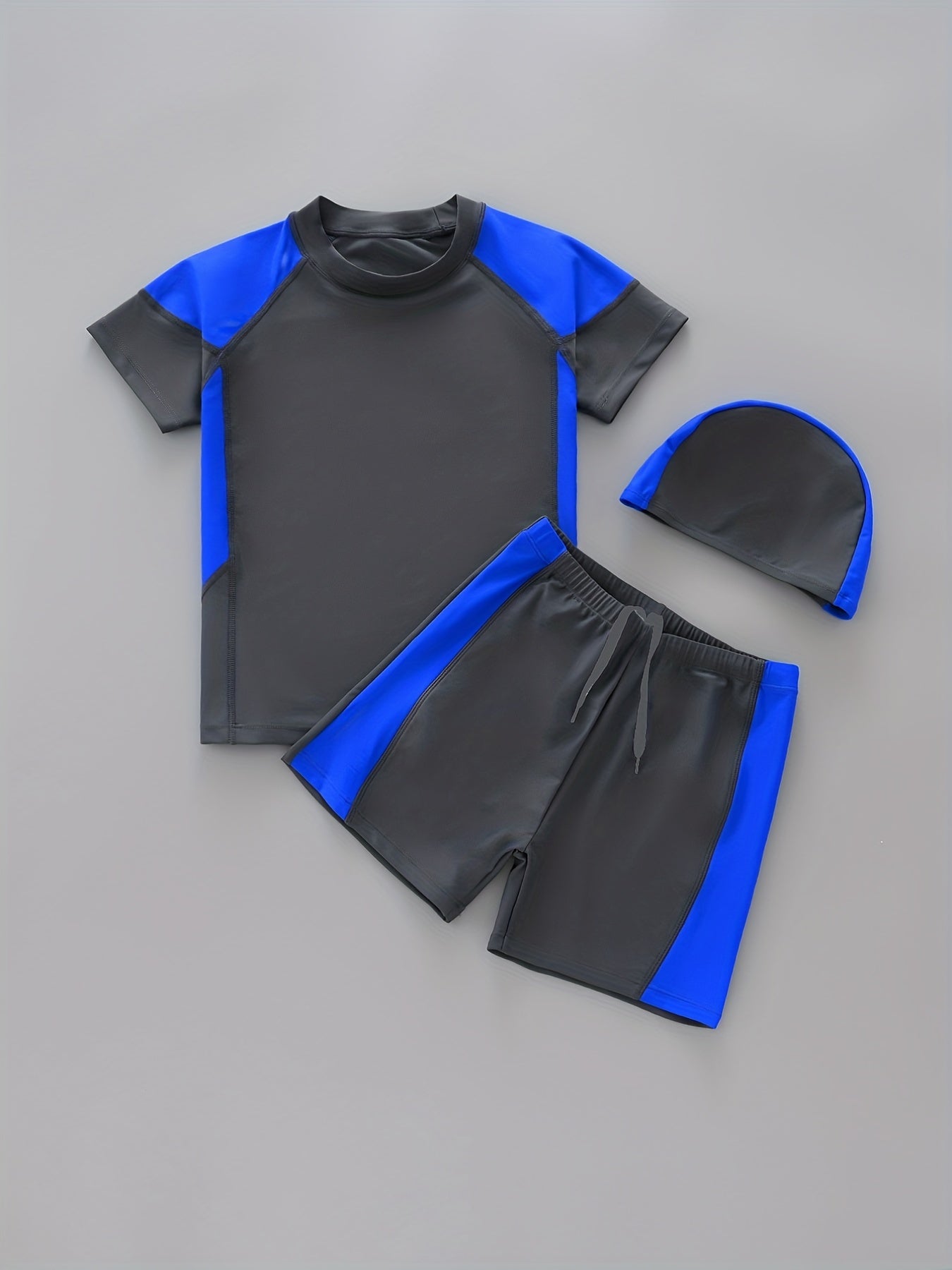Boys 3pcs Swimsuit Short Sleeve Tee & Shorts & Cap Quick Drying Beach Vacation