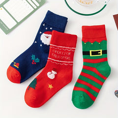 3 Pairs Kids Christmas Socks, Red Cartoon Sleeves, Thick Fleece Warm Socks