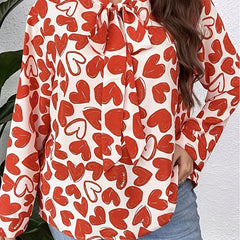Casual Blouse Allover Heart Print Long Sleeve Bow Knot Tunic Top