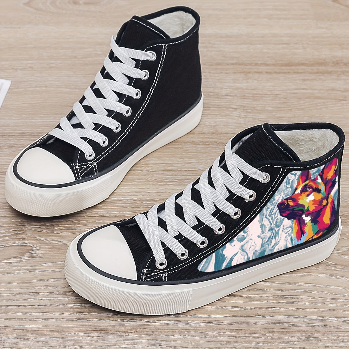 Plush Lined Thermal Wolf Print Canvas Sneakers