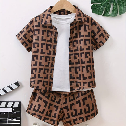 Boys Geometric Pattern Shirt & Shorts Set for Summer