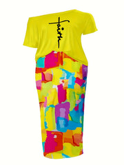 Women's Plus Size Letter Print One Shoulder Top & Midi Skirt Two Piece Set