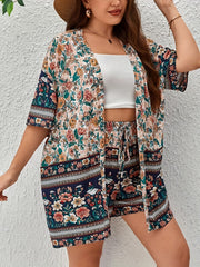 Floral Print Colorblock Top & Drawstring Shorts Set