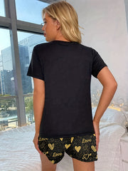 Heart Print Pajama Set Short Sleeve Top & Shorts Women's Sleepwear