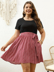 Colorblock Ditsy Print Round Neck Dress With Belt