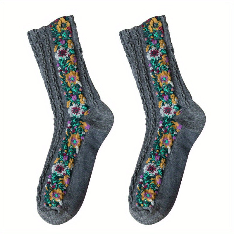 Floral Print Mid Tube Socks Retro Ethnic Style Women's Stockings