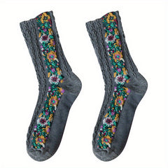 Floral Print Mid Tube Socks Retro Ethnic Style Women's Stockings