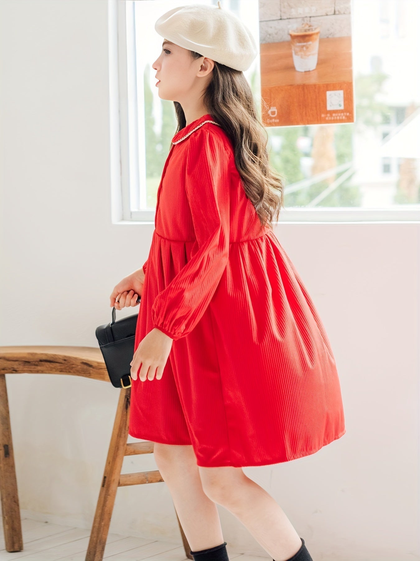 Cotton Girls Vintage Collar Long Sleeve Dress Kids Clothes