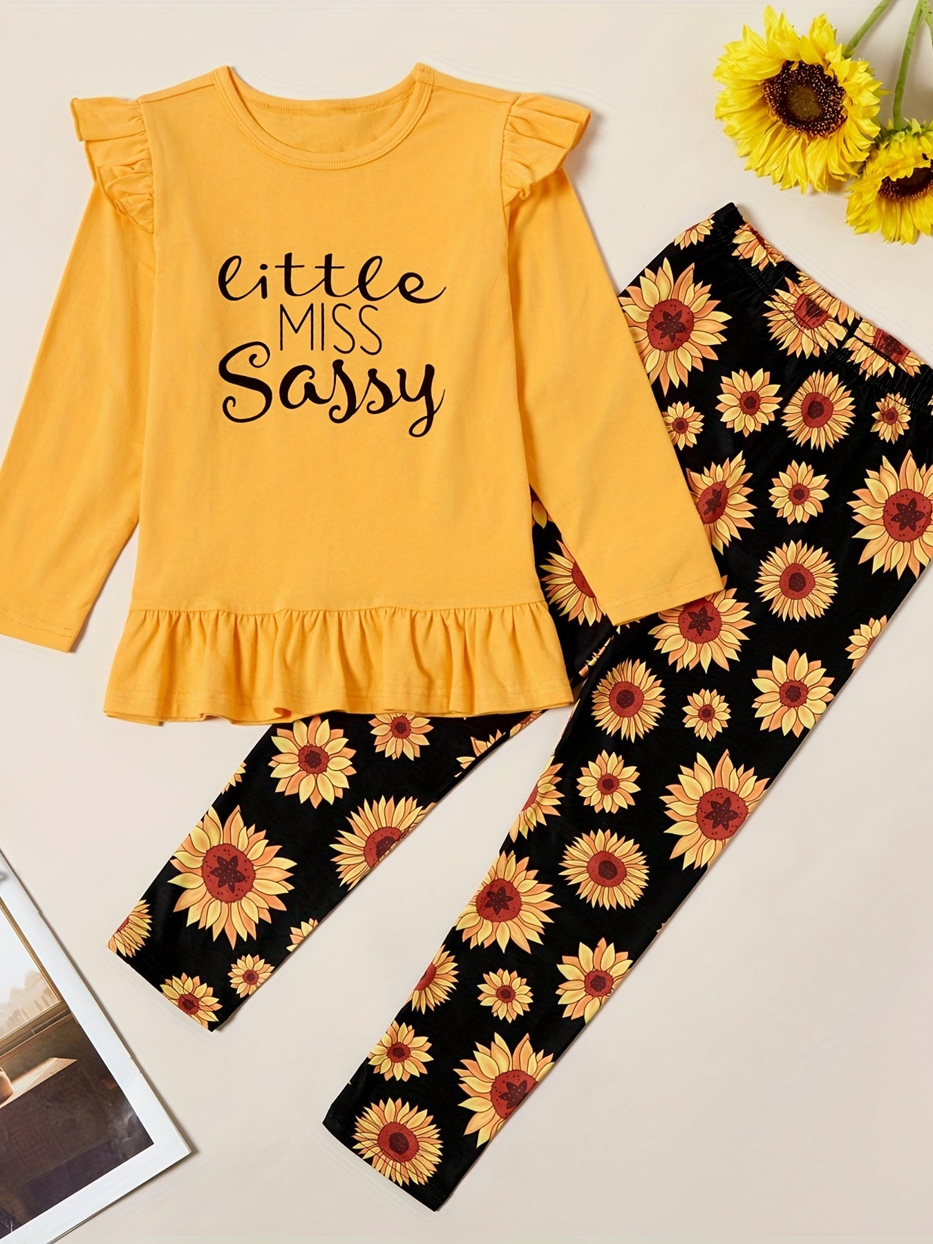 Girls Little Miss Print Top & Sunflower Print Pants Set Ruffle Round Neck 2pcs