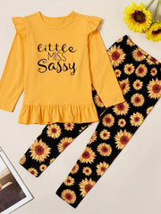 Girls Little Miss Print Top & Sunflower Print Pants Set Ruffle Round Neck 2pcs