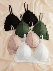 4pcs Lace Wireless Bras Scallop Trim Women's Lingerie