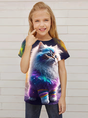 Aurora Cat Graphic Short Sleeve T shirt for Girls, Summer Sports Pullover