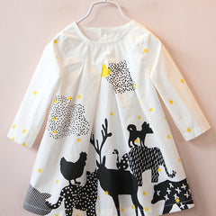 Girls' Farm Animal Cartoon Long Sleeve Cotton Dress