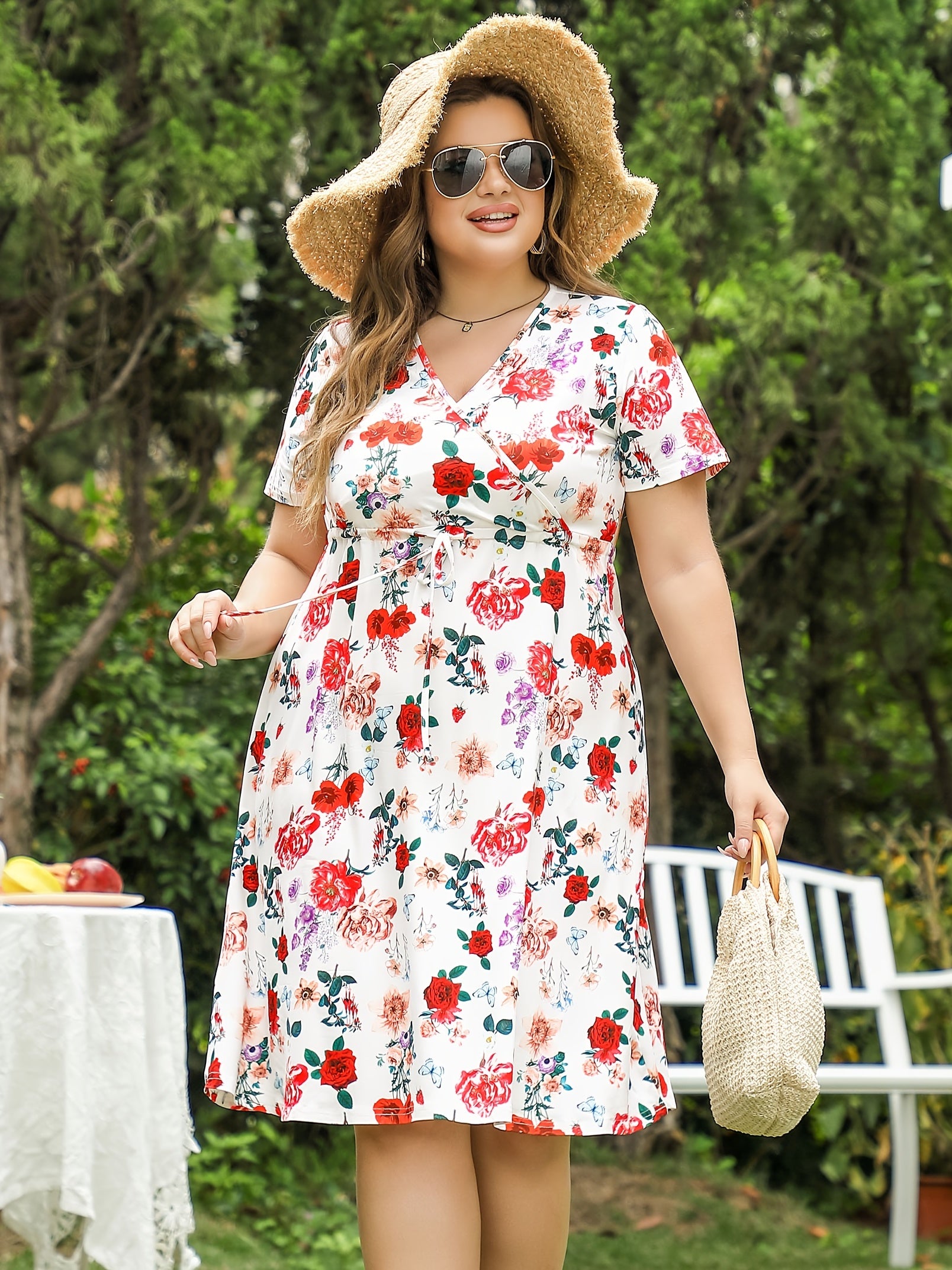 Women's Floral Print V-Neck Drawstring Dress